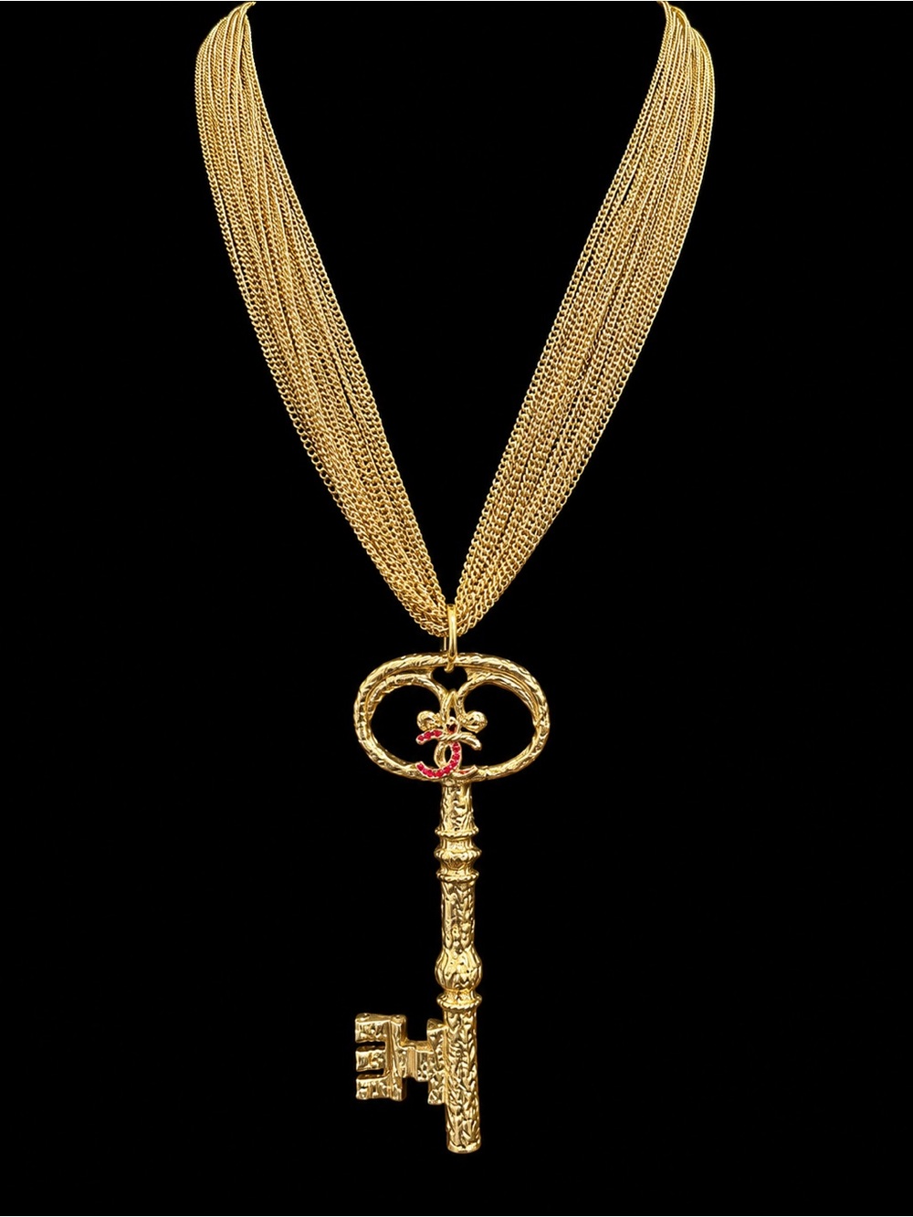 Gold Key Pendant Necklace with Red Accent - Women Jewelry